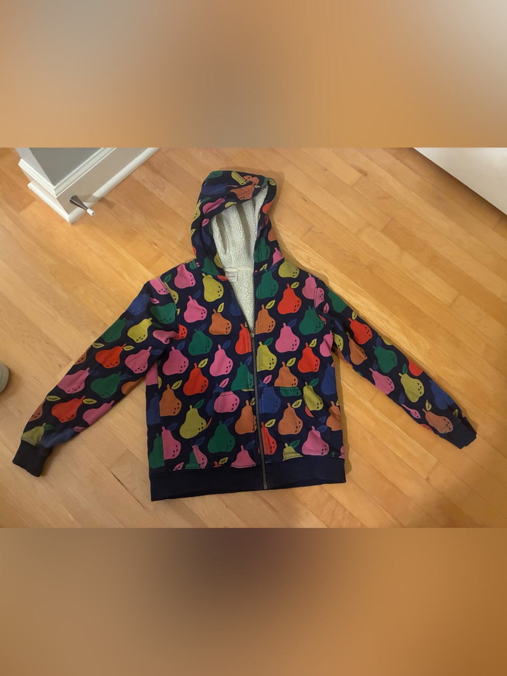 Sherpa Lined Hoodie with Multicolor Pear Print